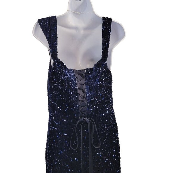NWT Dark Navy Blue Sequin Evening Classic Sleeveless Corset Back Thigh Slit - Picture 12 of 15
